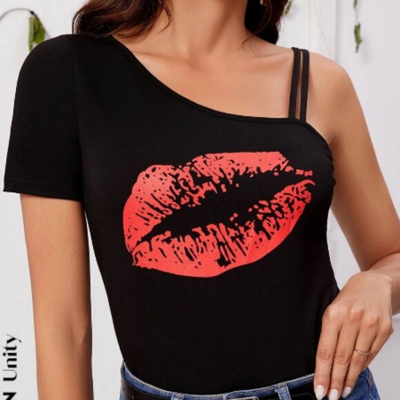 SHEIN Tops - NBW SHEIN asymmetrical collar lip print shirt size M